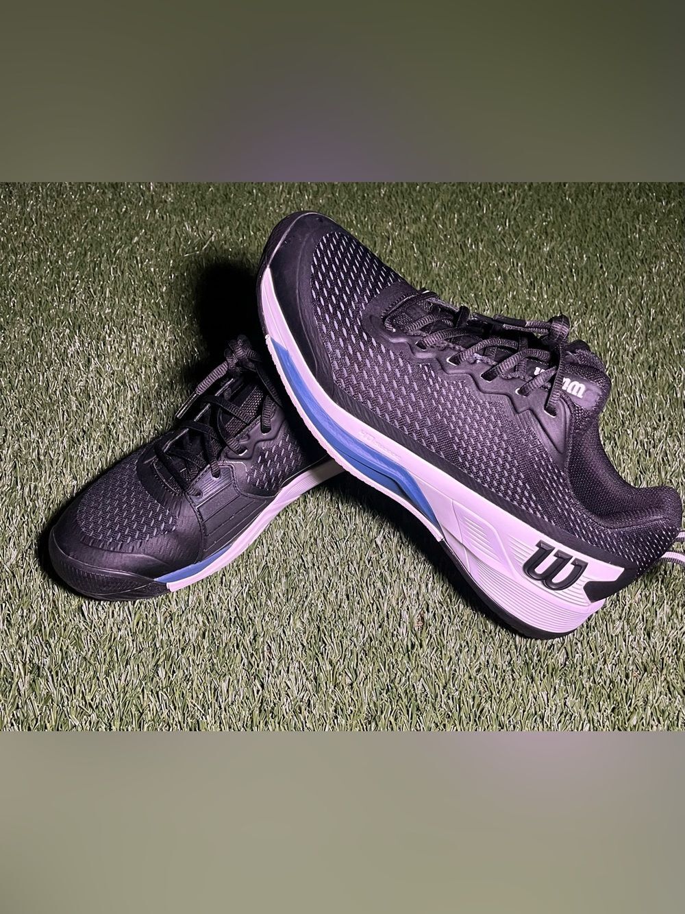 Men’s 12 Wilson Pro Rush 4.5 Black Tennis Shoes with Blue & White Accents